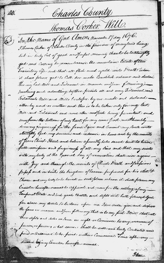 Thomas Corker's Will, Charles County Register of Wills, Page 45