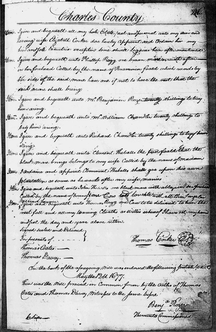 Thomas Corker's Will, Charles County Register of Wills, Page 46