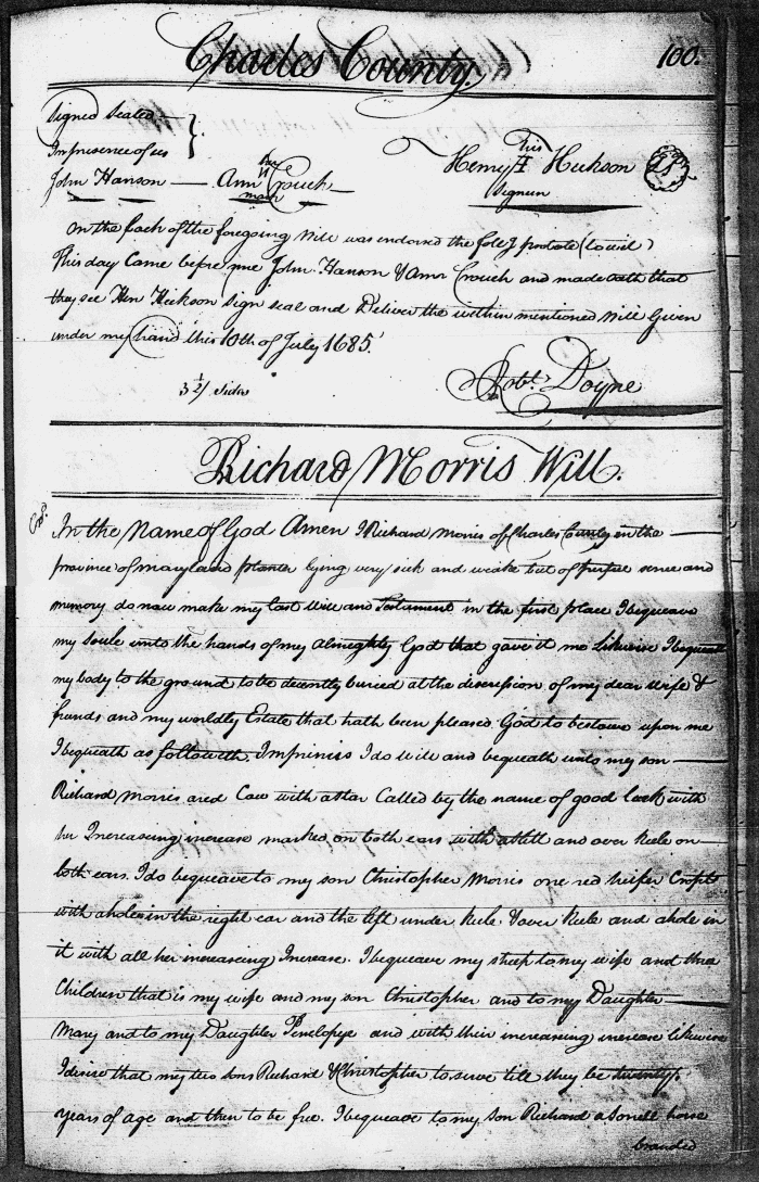 Richard Morris's Will, Charles County Register of Wills, Page 100