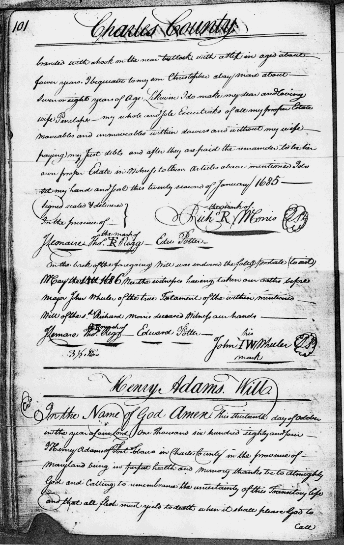 Richard Morris's Will, Charles County Register of Wills, Page 101