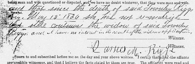 War of 1812 Widow's Pension, affidavit of James Riggs, Greene Co., IL