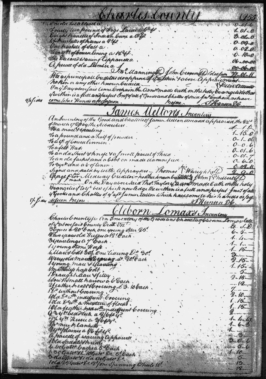Cleborn Lomax, Jr.'s Inventory of 15 Apr 1729, page 255