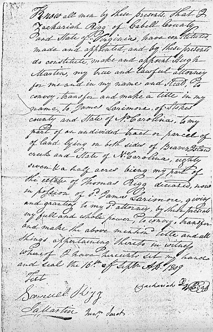 Zachariah Rigg Power of Attorney, Cabell County, Virginia, 16 Sep 1809