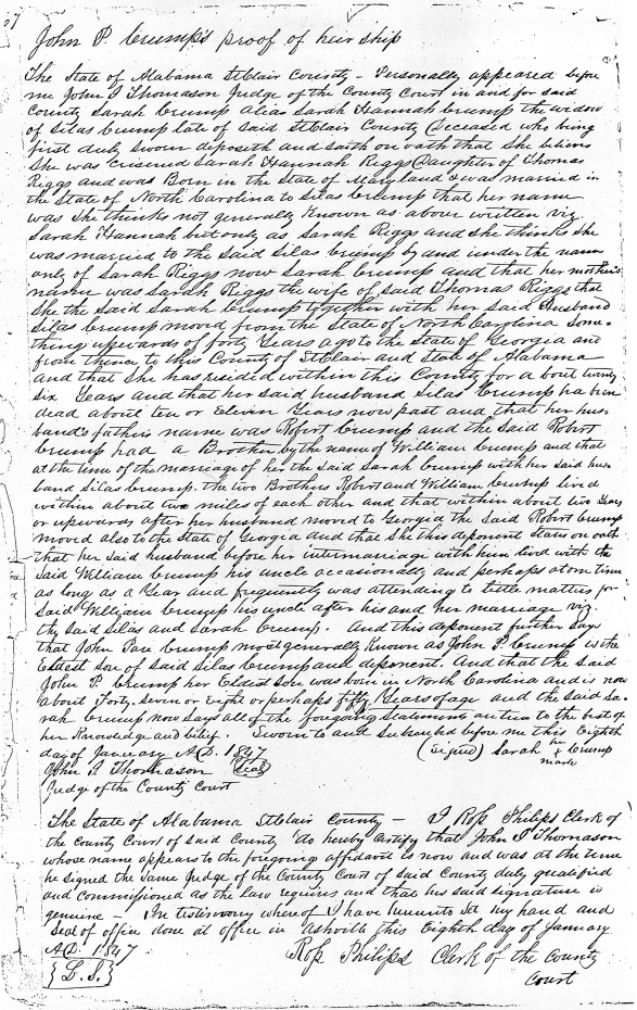 Sarah Riggs Crump' affidavit regarding John P. Crump's proof of heirship