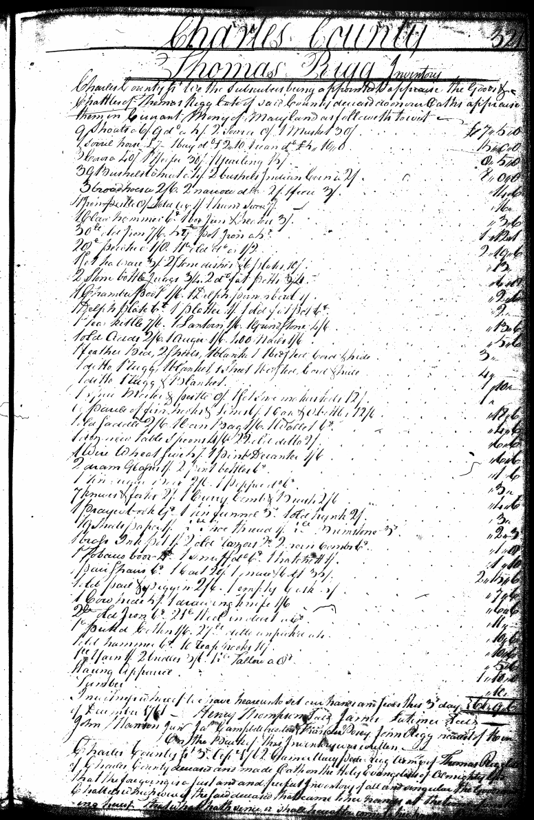 Thomas Rigg's Inventory of 3 Dec 1761, page 321