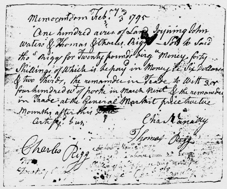 Memorandum Sale of Land, Stokes County, North Carolina, 03 Feb 1795