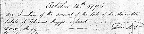 Thomas Rigg's Estate Sale 14 Oct 1796 - Inventory