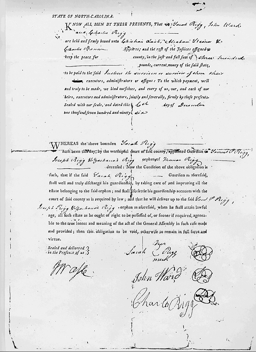 Guardianship of Samuel P. Rigg, Joseph Rigg and Zachariah Rigg, orphans of Thomas Rigg, Stokes County, North Carolina, 06 Dec 1796