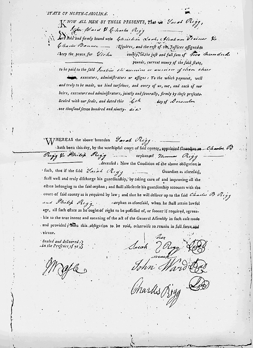 Guardianship of Charles B. Rigg and Philip Rigg, orphans of Thomas Rigg, Stokes County, North Carolina, 06 Dec 1796