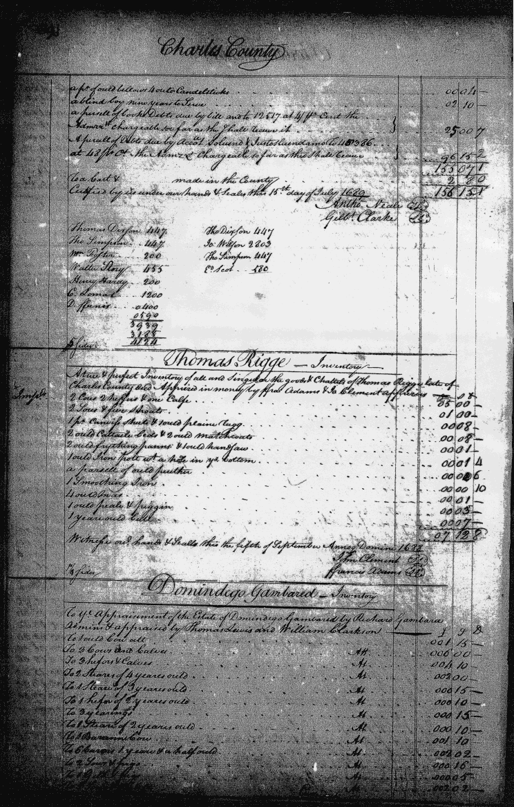 Thomas Rigge Inventory, Charles County Register of Wills