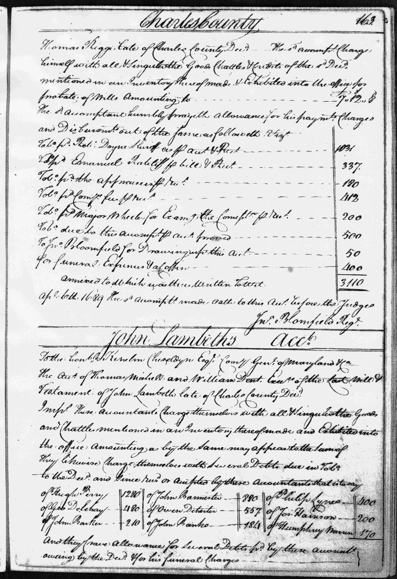 Thomas Rigge's Account, Charles County Register of Wills