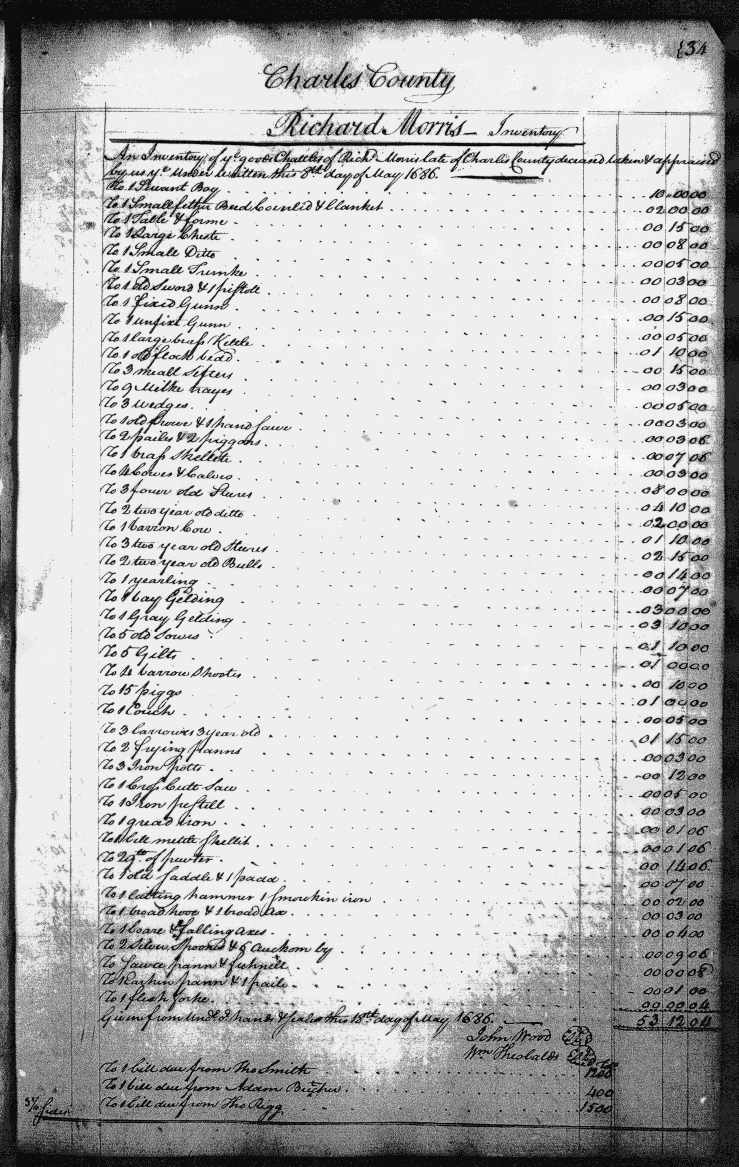 Richard Morris Inventory, Charles County Register of Wills
