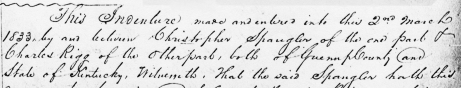 Indenture: Spangler to Rigg, Greenup Co., KY, 2 Mar 1833